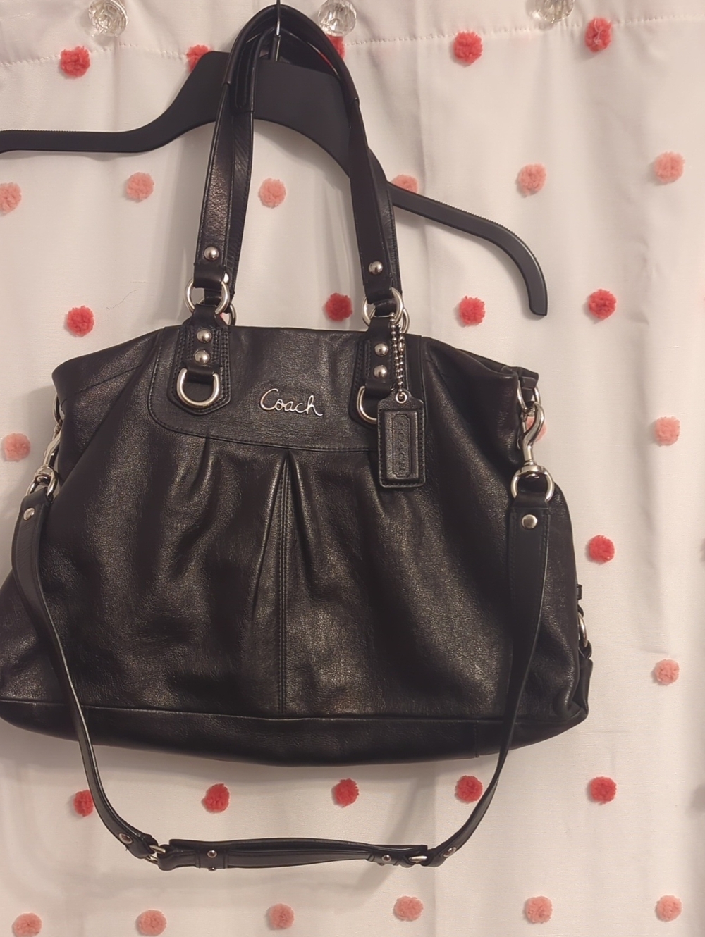 Coach Black Leather Shoulder Tote with Silver Hardware